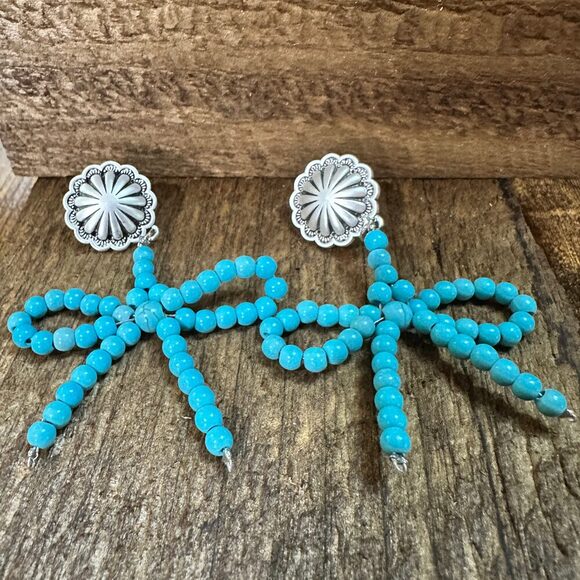 Handmade Ribbon Bow Post Earrings with Turquoise Beads, Western Boho, Ships in - Picture 9 of 9